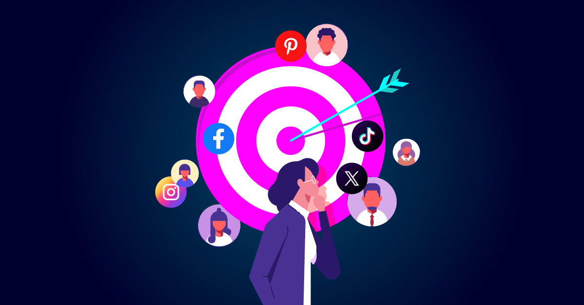 Een zakenvrouw staat met een pijl in de roos bij een doelwit, omringd door social media-iconen als Facebook, Instagram, TikTok, Pinterest en Twitter.