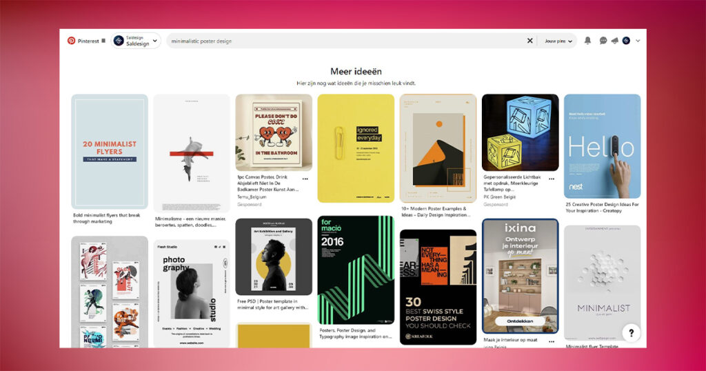 Een Pinterest-bord met verschillende posterontwerpinspiraties die zijn afgestemd op uw doelgroep. Het bord bevat meerdere ontwerpen, waaronder minimalistische, typografische en grafische stijlen, waarbij sommige ontwerpen zijn getagd met beschrijvingen om de sociale media van uw doelgroep aan te spreken.