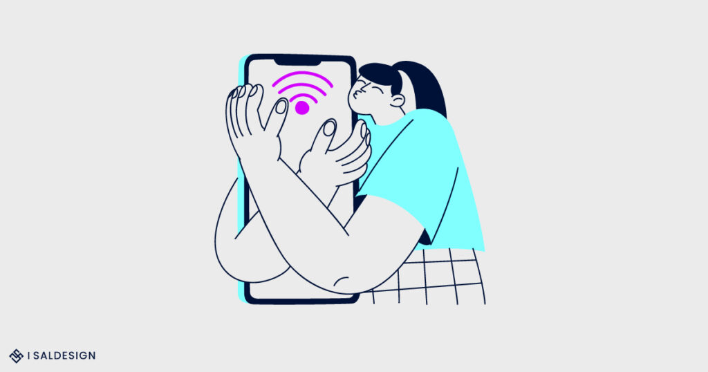 Illustratie van een persoon die een grote smartphone met een roze wifi-symbool omhelst en kust, wat staat voor een sterke verbinding of gehechtheid aan technologie.