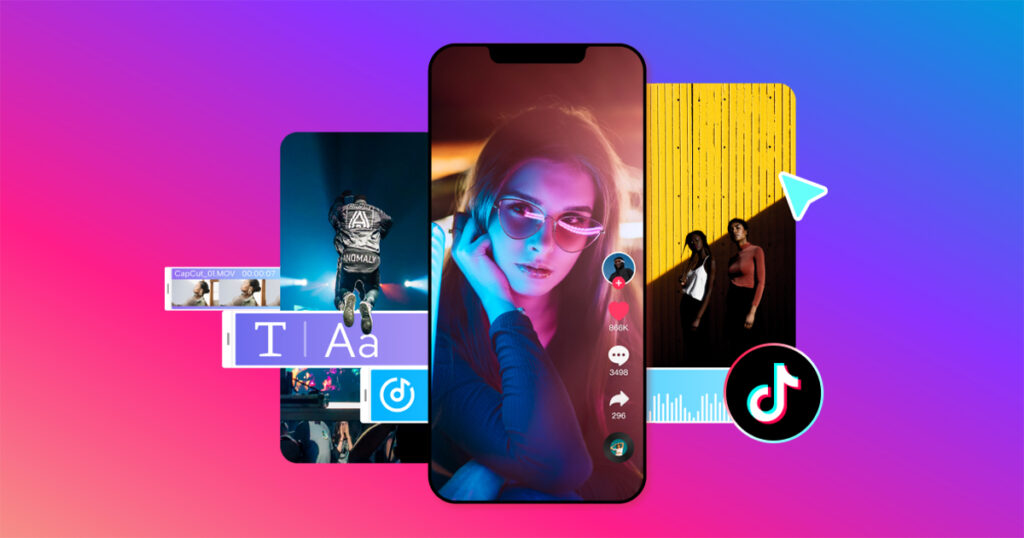 Een smartphonescherm met een interface van een social media-app die speciaal is afgestemd op Instagram. Op de achtergrond worden verschillende multimedia-elementen weergegeven, zoals foto's, pictogrammen en tekst.