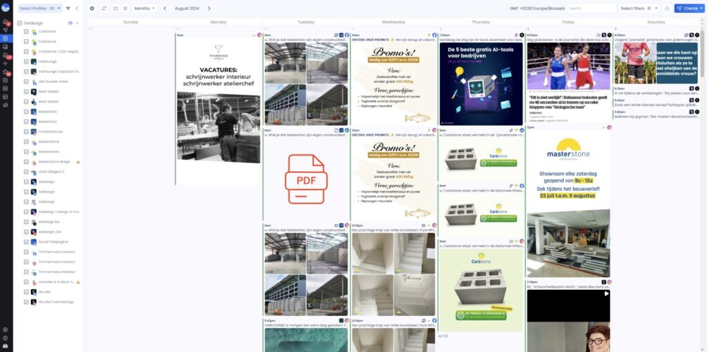 Een computerscherm waarop een contentkalender wordt weergegeven met diverse marketinggerelateerde berichten die voor verschillende dagen zijn gepland, inclusief afbeeldingen, advertenties en updates op sociale media om het bereik te vergroten.