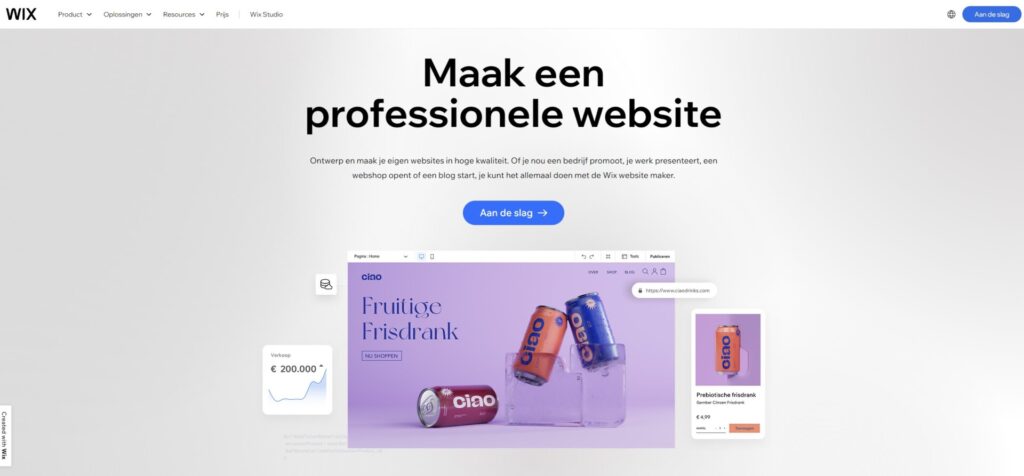 Wix-websitepagina in het Nederlands met de tekst "Maak een professionele website", met een knop met het label "Aan de slag" en een voorbeeld van een website met blikjes vruchtendrank "Ciao", moeiteloos gemaakt met de befaamde Wix-websitebouwer.