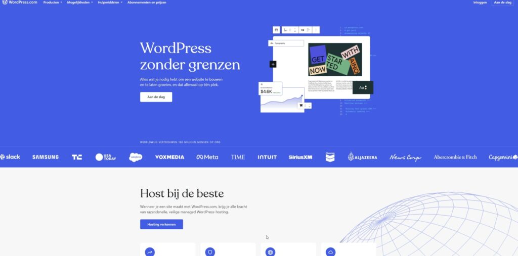 Een WordPress landingspagina in het Nederlands met een blauwe achtergrond die website design elementen en logo's van verschillende bedrijven laat zien. Een centrale knop nodigt u uit om uw website te laten maken.