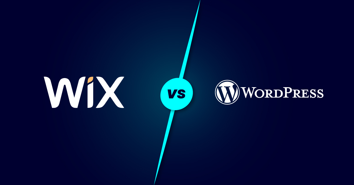 Het Wix-logo aan de linkerkant en het WordPress-logo aan de rechterkant met een blauwe "VS" ertussen op een donkere achtergrond. Dit toont de ultieme confrontatie tussen websitebouwers.