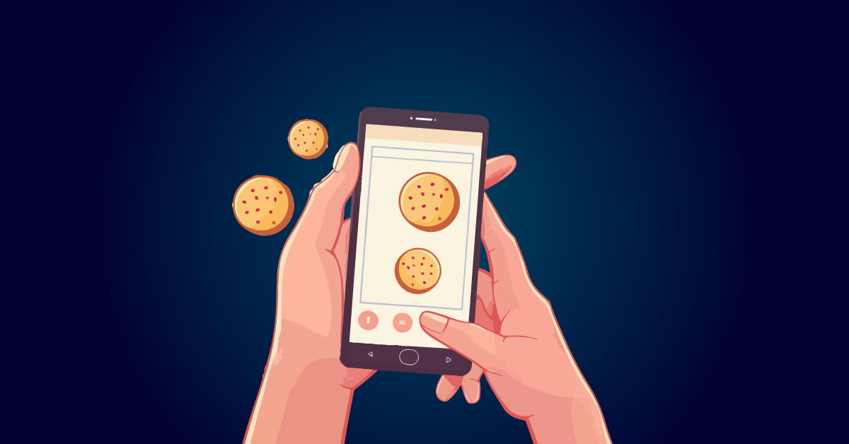 Handen die een smartphone vasthouden met op het scherm een afbeelding van koekjes en twee zwevende koekjes in de buurt tegen een donkere achtergrond, wat het belang van privacyregels in het digitale tijdperk illustreert.