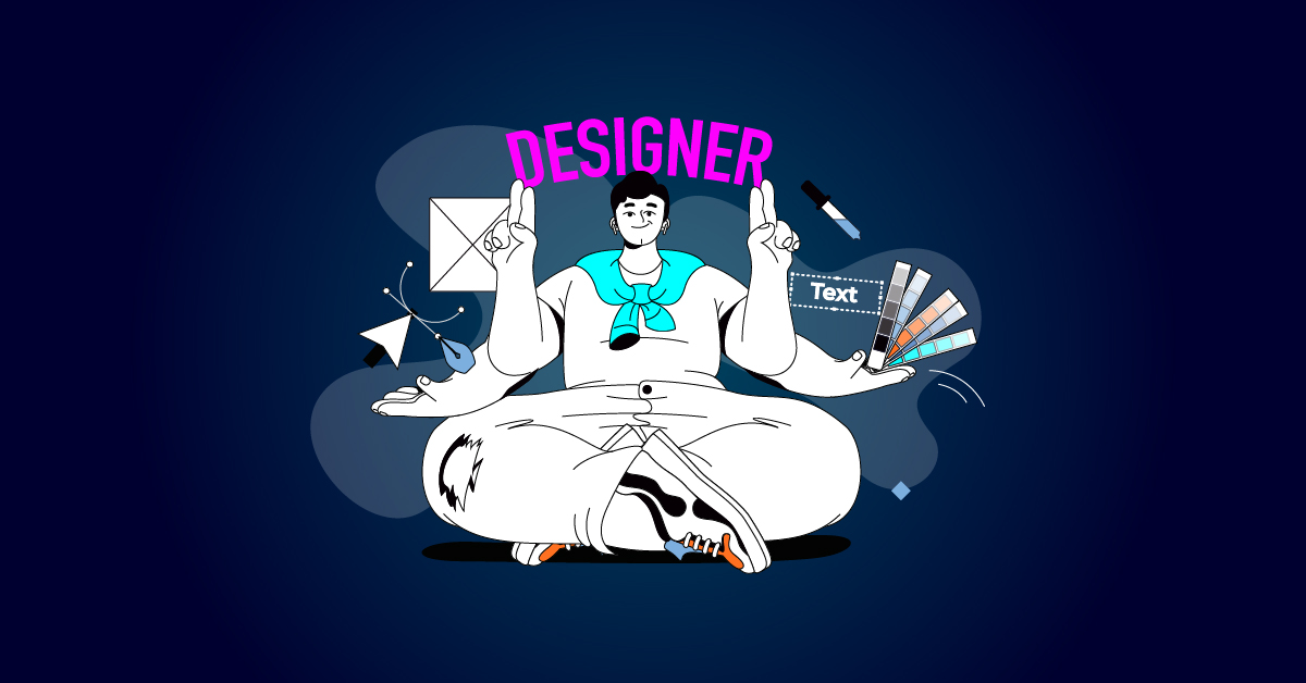 Illustratie van een ontwerper in een meditatieve houding, omringd door ontwerpgereedschappen en -elementen zoals een potlood, envelop en kleurstalen, tegen een donkere achtergrond.