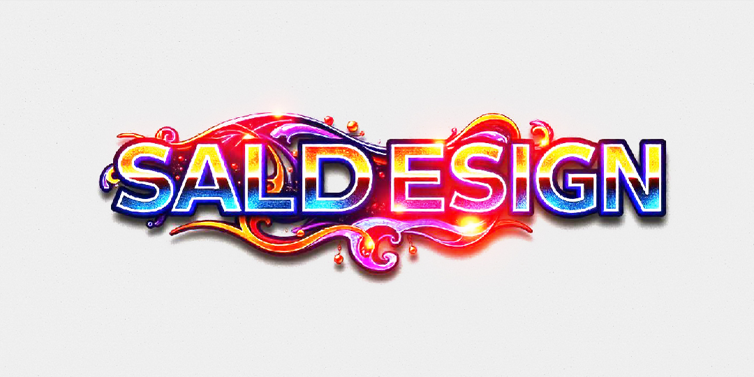 Kleurrijke 3D-tekst met de tekst "Salg Design" met decoratieve wervelingen in een levendig verloop op een witte achtergrond, wat een uniek logo vormt dat perfect bij uw huisstijl past.