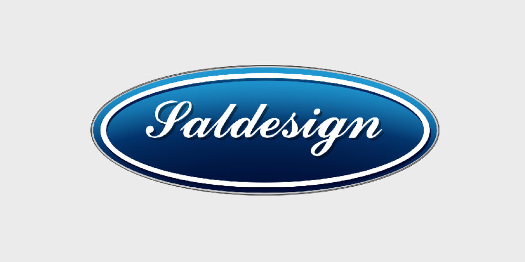 Blauw ovaal logo met het woord "Saldesign" in witte letters op een grijze achtergrond, wat een goed logo belichaamt dat naadloos integreert in elke huisstijl.