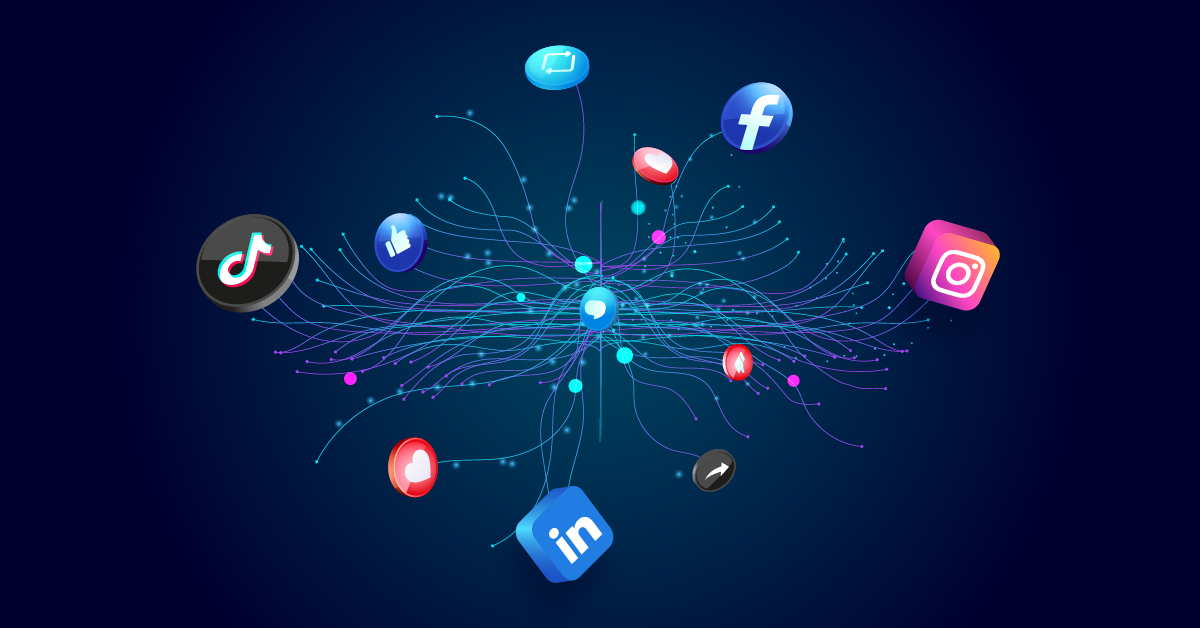 Illustratie van verschillende sociale media-iconen zoals TikTok, Facebook, Instagram en LinkedIn, verbonden door netwerklijnen op een donkere achtergrond, die de dynamische stroom van virale content over platforms heen symboliseren.