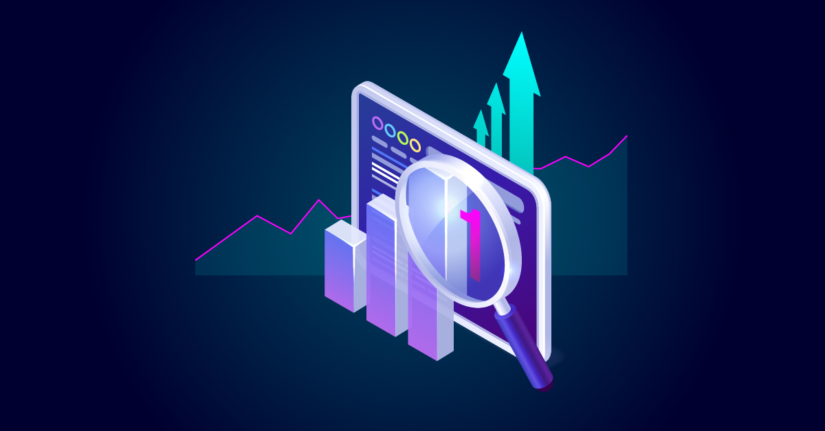 Illustratie van een digitaal data-analyseconcept met een vergrootglas, een staafdiagram en omhooggaande pijlen die de groei op een computerscherm aangeven.