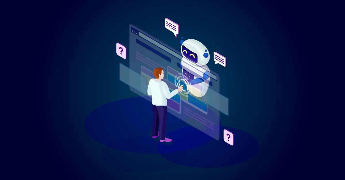 Persoon die communiceert met een virtueel scherm en een chatbot, afgebeeld als een robot, met tekstballonnen op een donkerblauwe achtergrond.