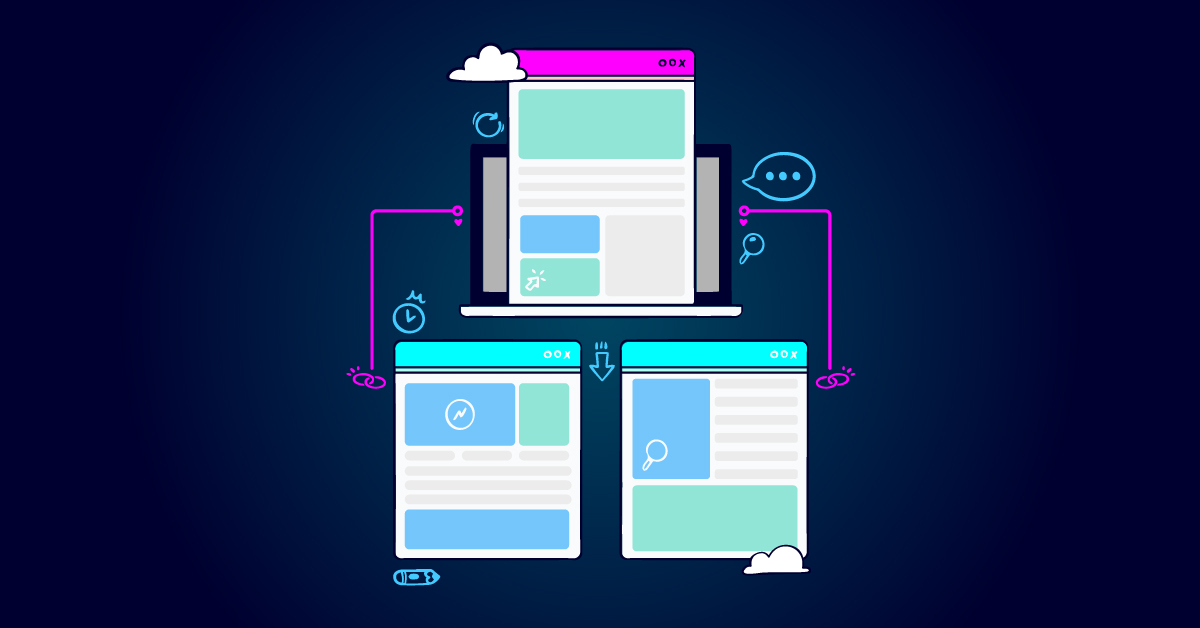 Illustratie van een laptop waarop onderling verbonden webpagina's worden weergegeven, die de gegevensoverdracht of synchronisatie symboliseren, met pictogrammen zoals klokken en wolken.