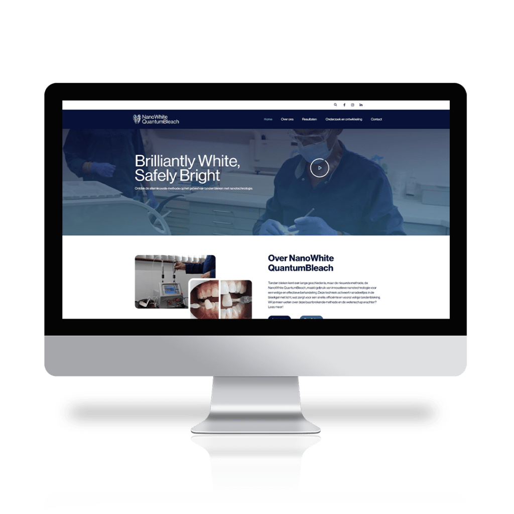 Een strak computerscherm toont een tandheelkundige website die is ontworpen met geavanceerde webdesigntechnieken, met "NanoWhite QuantumBleach" naast levendige afbeeldingen van tandheelkundige procedures en tanden bleken. De geavanceerde microsite trekt de aandacht met zijn aantrekkelijke lay-out en informatieve content.