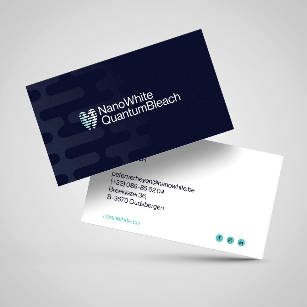 Een donker en licht visitekaartje voor "NanoWhite QuantumBleach" met contactgegevens, waaronder een e-mailadres en telefoonnummer.