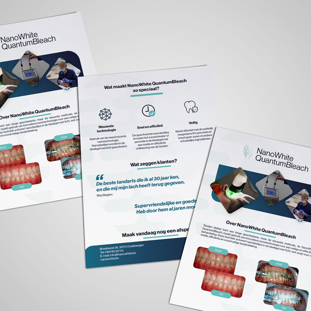 Er worden drie brochures voor NanoWhite QuantumBleach getoond, met afbeeldingen van tandheelkundige behandelingen, productvoordelen en getuigenissen van klanten in het Nederlands.