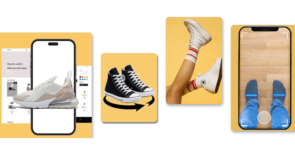 Vier panelen tonen verschillende apps voor het virtueel passen van schoenen, waarbij verschillende sneakerstijlen en sokken op mobiele apparaten worden uitgelicht. Nu we richting 2025 gaan, sluiten deze apps aan bij trends op sociale media en moedigen ze door gebruikers gegenereerde content aan om unieke schoenervaringen te laten zien.