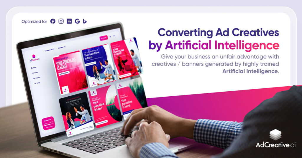 Een persoon die een laptop gebruikt met een AI-gestuurd advertentiecreatieplatform. De tekst luidt: "Converting Ad Creatives by Artificial Intelligence", waarbij innovatieve door gebruikers gegenereerde contentmogelijkheden worden getoond.