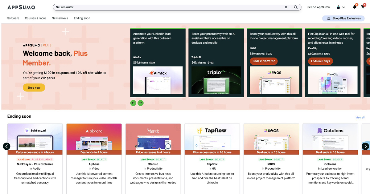 Screenshot van een website met softwareaanbiedingen, met verschillende productafbeeldingen en kortingen. De webpaginaheader bevat een zoekbalk en opties voor gebruikersaccounts.