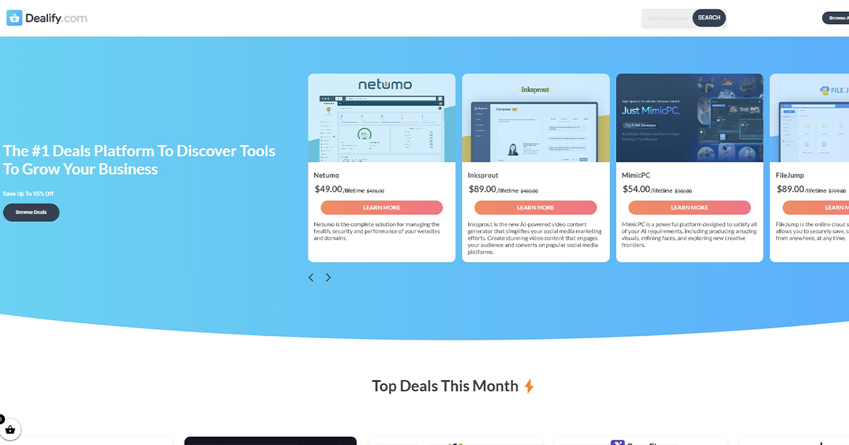 Een website-interface die vier zakelijke softwaredeals laat zien, elk met een korte beschrijving, logo en prijs. De achtergrond is een gradiënt van blauwe tinten.