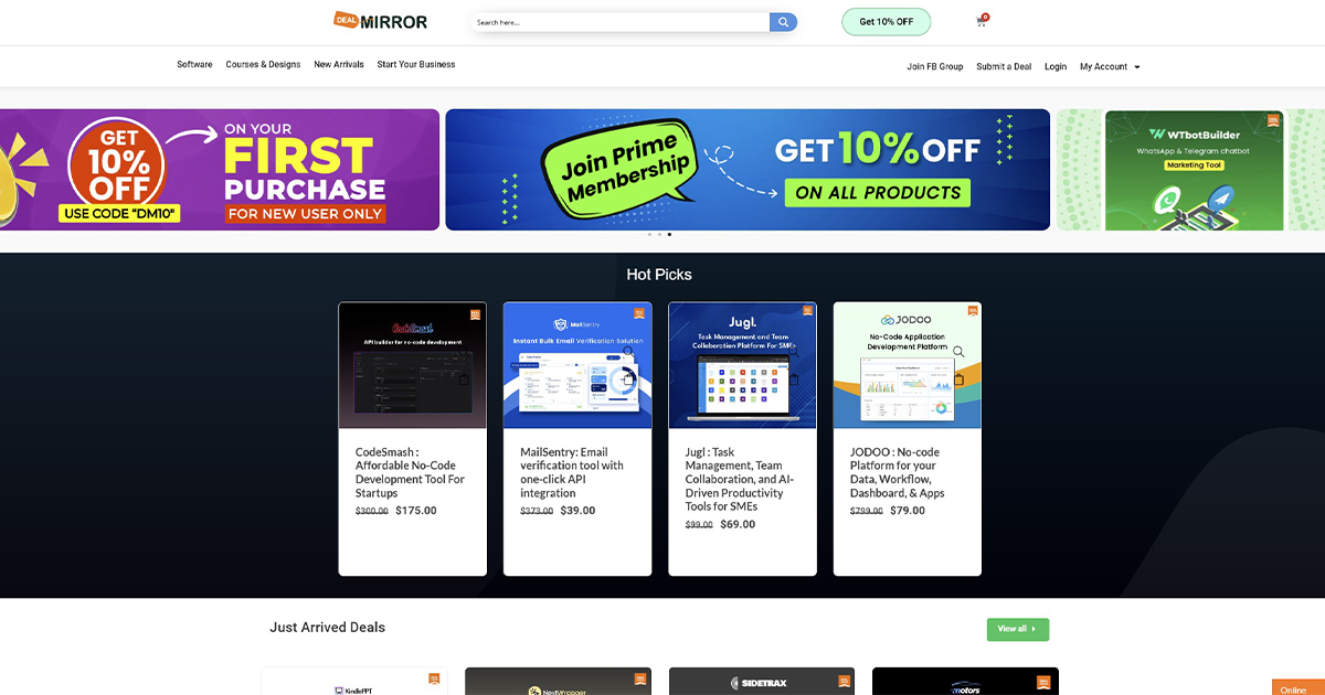 Startpagina van de website met bovenaan promotiebanners en daaronder een sectie met productvermeldingen, getiteld "Hot Picks" en "Just Arrival Deals", waarin artikelen met beschrijvingen en prijzen worden weergegeven.