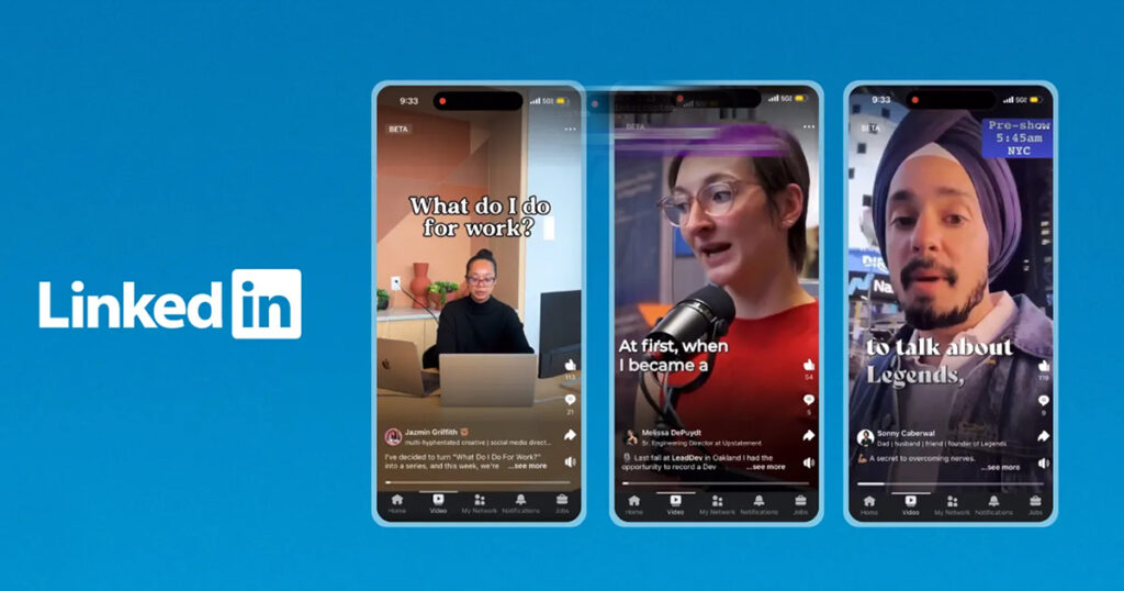 Op drie smartphoneschermen wordt LinkedIn-content getoond van personen die zich bezighouden met de laatste trends op sociale media, met bijschriften over werkgerelateerde onderwerpen.
