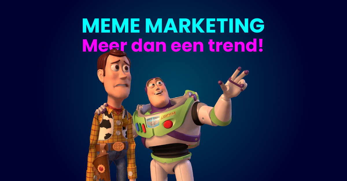 Twee geanimeerde karakters met de tekst: "Meme Marketing, Meer dan een trend!" tegen een donkere achtergrond.