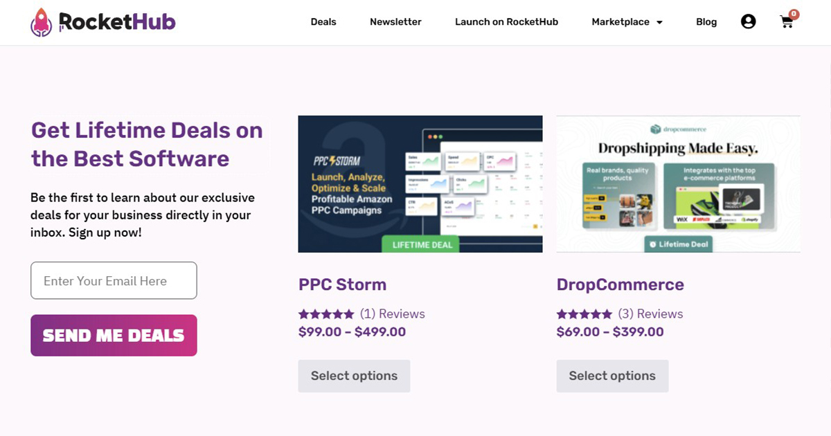 Screenshot van RocketHub-webpagina die levenslange softwaredeals aanbiedt. Bevat PPC Storm- en DropCommerce-producten met prijzen en beoordelingen, naast een abonnementsprompt voor dealmeldingen.