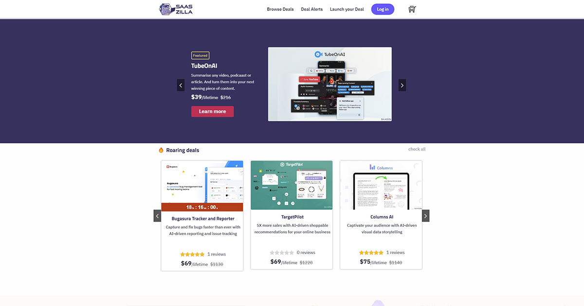 Een webpagina met softwaredeals, met gemarkeerde aanbiedingen voor Bugmouse Tracker, Twoqat en Columns AI. Elk product toont een prijs, beoordelingen en een optie om meer te weten te komen.