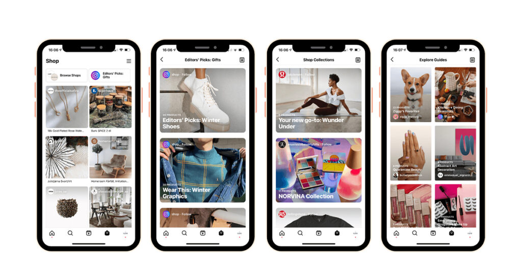 Vier smartphoneschermen met een app-interface met winkelcategorieën, productafbeeldingen en aanbevolen collecties, geïnspireerd op de laatste trends op sociale media.