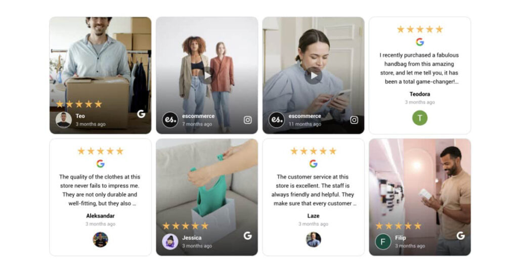 Een collage van klantbeoordelingen met afbeeldingen van mensen met sterrenbeoordelingen en feedback over de producten en diensten van een winkel. De nieuwste trends op sociale media worden naadloos geïntegreerd om de betrokkenheid en interactiviteit te vergroten.