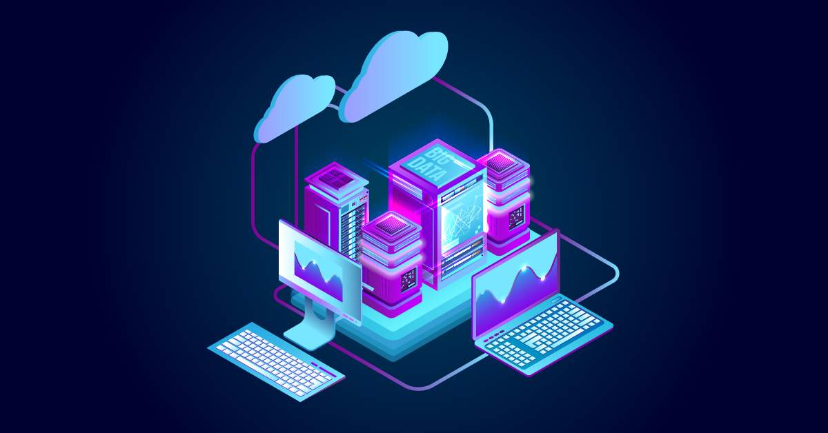Isometrische illustratie van cloud computing met servers, gegevensopslag en twee schermen met toetsenborden die met kabels met elkaar verbonden zijn, alles in neonkleuren op een donkerblauwe achtergrond.