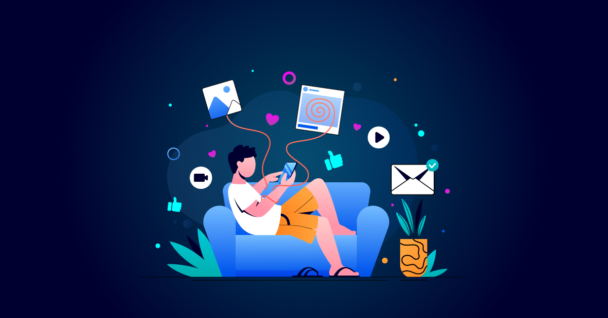 In deze illustratie uit 2025 ontspant een persoon op een bank, verdiept in zijn smartphone. Hij wordt omringd door een stortvloed aan social media-iconen en meldingen (likes, comments, berichten) die de laatste trends op social media weerspiegelen. Een potplant voegt een vleugje natuur toe aan het digitale tafereel.