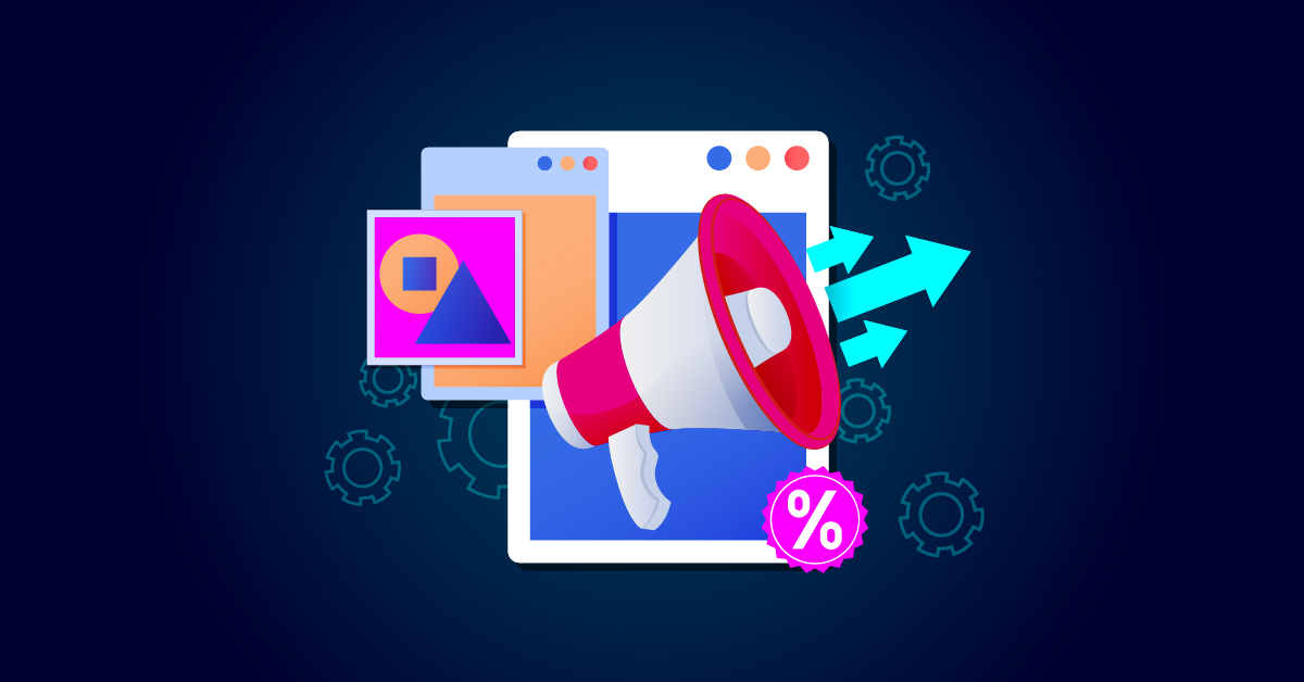 Illustratie van een megafoon voor gelaagde browservensters, pijlen en tandwielen, die online marketing of promoties suggereren met een percentagesymbool. Perfect om te laten zien hoe je effectief kunt adverteren met Facebook-advertenties.