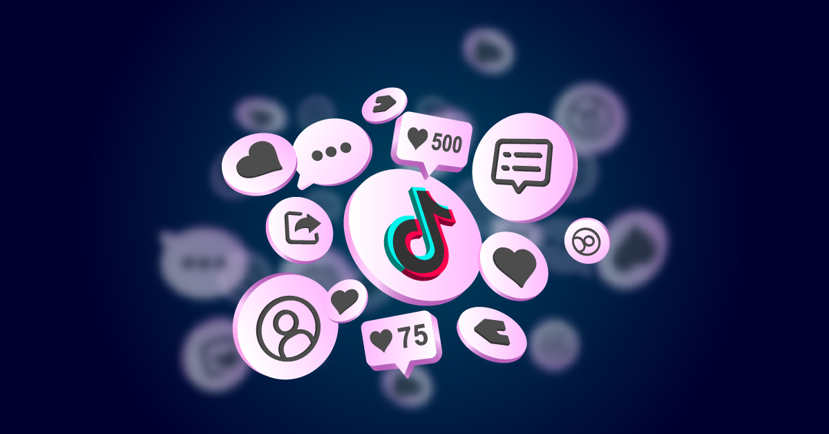 Een cluster van social media-iconen, waaronder een centraal TikTok-logo, hartjes, reacties en volgersiconen tegen een donkere achtergrond, illustreert de levendige wereld van videocontent waar een jong publiek op zoek naar organisch bereik van geniet.