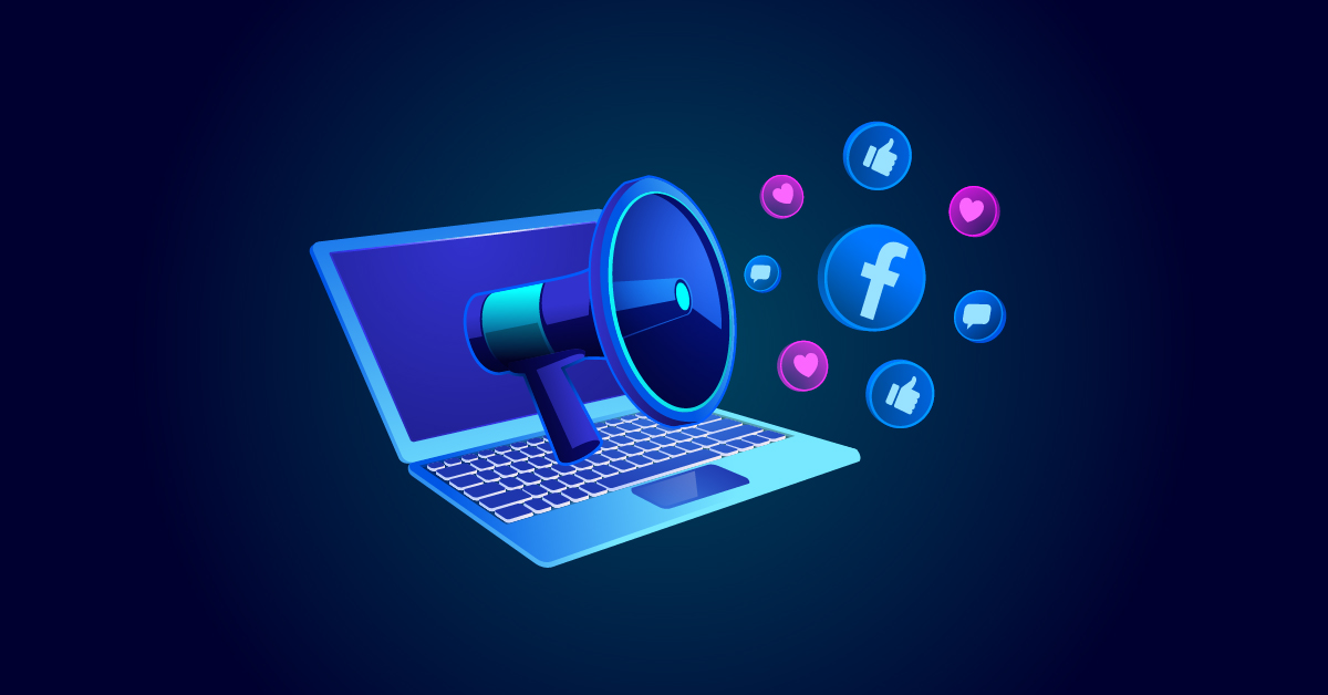 Illustratie van een laptop met een megafoon die Facebook-pictogrammen projecteert, inclusief likes en hartjes, wat gratis digitale marketing of betrokkenheid op sociale media symboliseert.