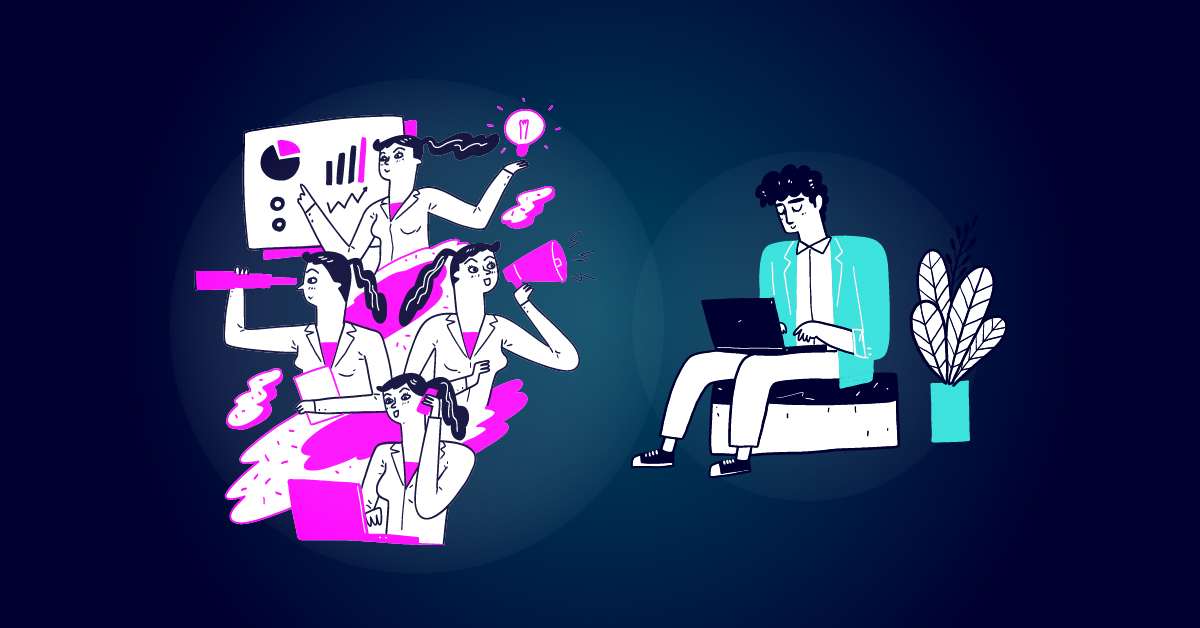 Illustratie van een persoon die op een laptop werkt, gescheiden van een groep van vier mensen die bezig zijn met brainstormen.