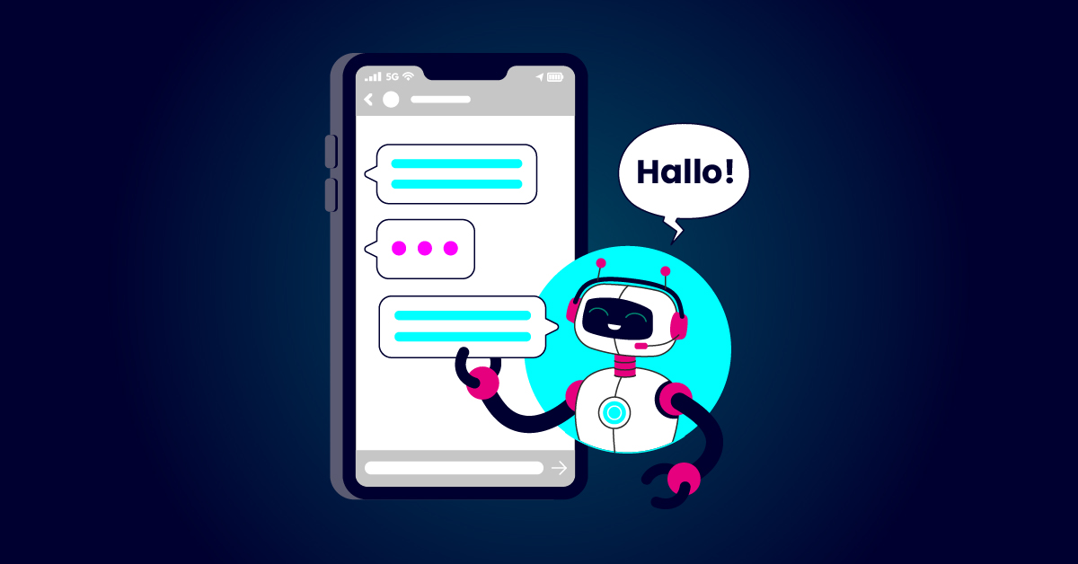Illustratie van een robot met een koptelefoon die "Hallo!" zegt, naast een grote smartphone met tekstballonnen.