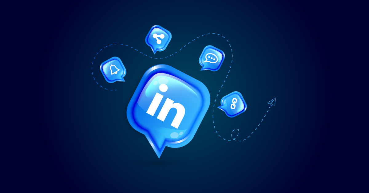 Een 3D-logo van LinkedIn, omgeven door verschillende socialemedia-iconen, waaronder een deelpictogram, een chatballon en een bel, op een donkerblauwe achtergrond.