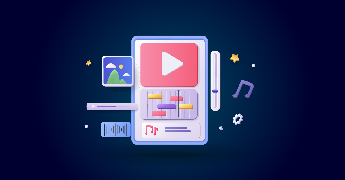 Een 3D-illustratie van de interface van een multimedia-app toont een afspeelknop, een afbeelding, muzieknoten en instellingenpictogrammen op een donkerblauwe achtergrond. Deze is ontworpen om de betrokkenheid bij sociale media te vereenvoudigen en eenvoudig video's te maken.