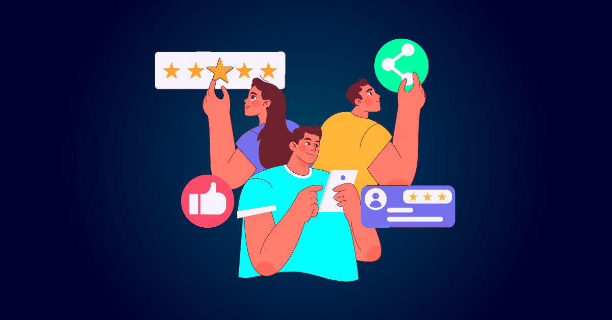 Illustratie van mensen die interactie hebben met social media-iconen, zoals sterren, een like-knop en een deelsymbool, terwijl ze een verhaal vertellen om hun merkstrategie te versterken.