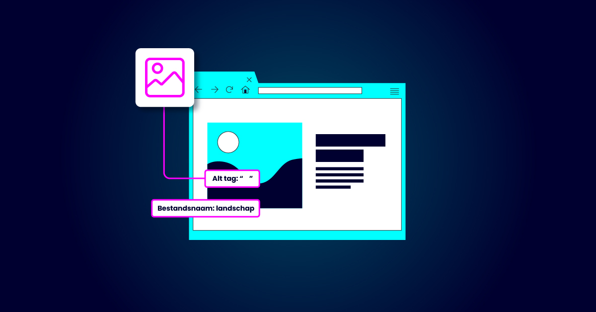 Illustratie van een webpagina met een afbeeldingspictogram en gelabelde secties. Het blauwe en roze kleurenschema benadrukt het gebruik van alt-tekst, afbeeldingstags en SEO-afbeeldingen om ervoor te zorgen dat afbeeldingen vindbaar zijn in Google.
