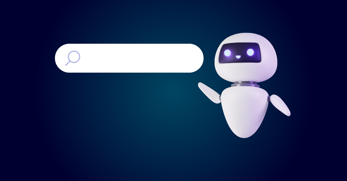 Een schattige robot met gloeiende ogen staat naast een zoekbalkpictogram op een donkerblauwe achtergrond.