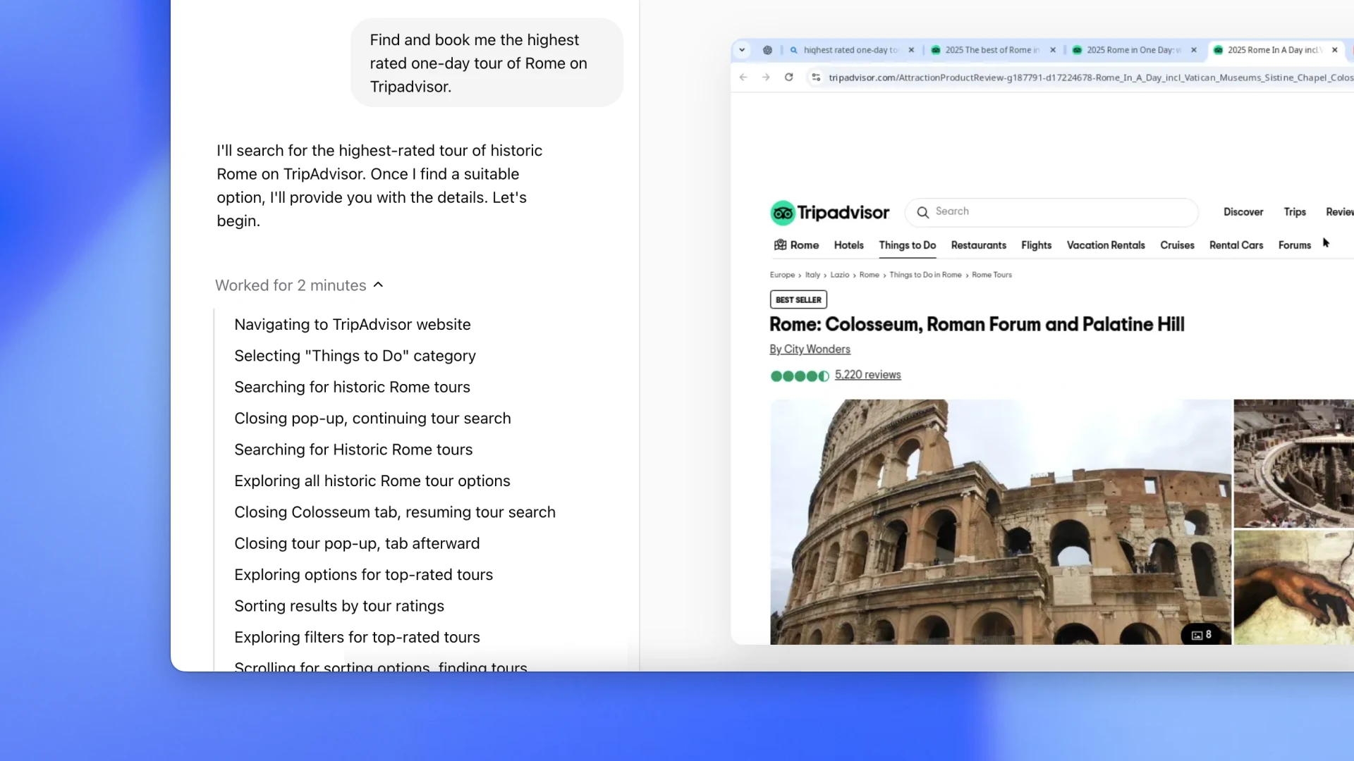 Split-screen met een stapsgewijze handleiding voor het boeken van een historische tour op Tripadvisor, met een AI-automatiseringsfunctie die de gebruikerservaring verbetert. De zoekpagina markeert Rome-tours met het Colosseum aan de rechterkant.