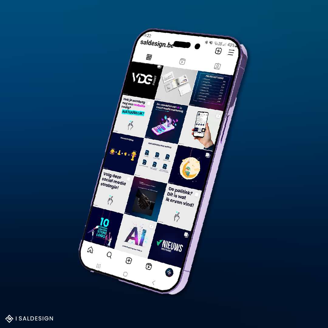 Een smartphone toont een Instagram-feed met grafisch ontwerp als thema, versierd met levendige miniaturen, die elementen van kleurpsychologie en strategisch kleurgebruik naadloos combineren tegen een blauwe achtergrond met kleurverloop om de visuele branding te versterken.