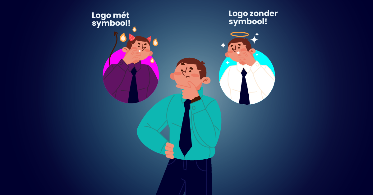 Man overweegt twee keuzes: een logo met een duivelsthema en de tekst "Logo mét symbool!" en een logo met een engelenthema en de tekst "Logo zonder symbool!".