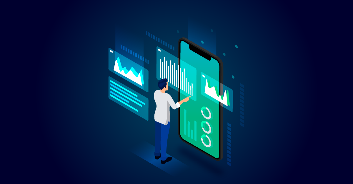 Illustratie van een persoon die met grote digitale grafieken en een smartphonescherm communiceert en gegevensanalyses in een technische omgeving weergeeft.