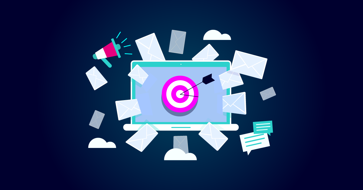 Illustratie van een laptopscherm met een doelwit en een pijl, omgeven door zwevende enveloppen, een megafoon en tekstballonnen op een donkere achtergrond.