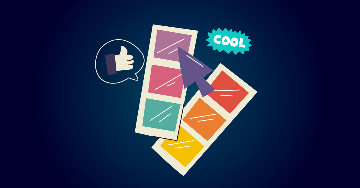 Een levendige pop-artillustratie met twee overlappende fotostroken, geaccentueerd met een duim omhoog-icoontje en een 'cool'-label, waarbij CMYK-kleurenpsychologie vakkundig is ingezet voor een maximale visuele impact.