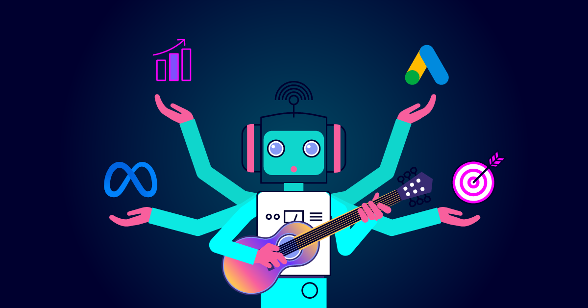 Een robot met meerdere armen en een koptelefoon bespeelt gitaar, omringd door verschillende digitale marketingiconen.