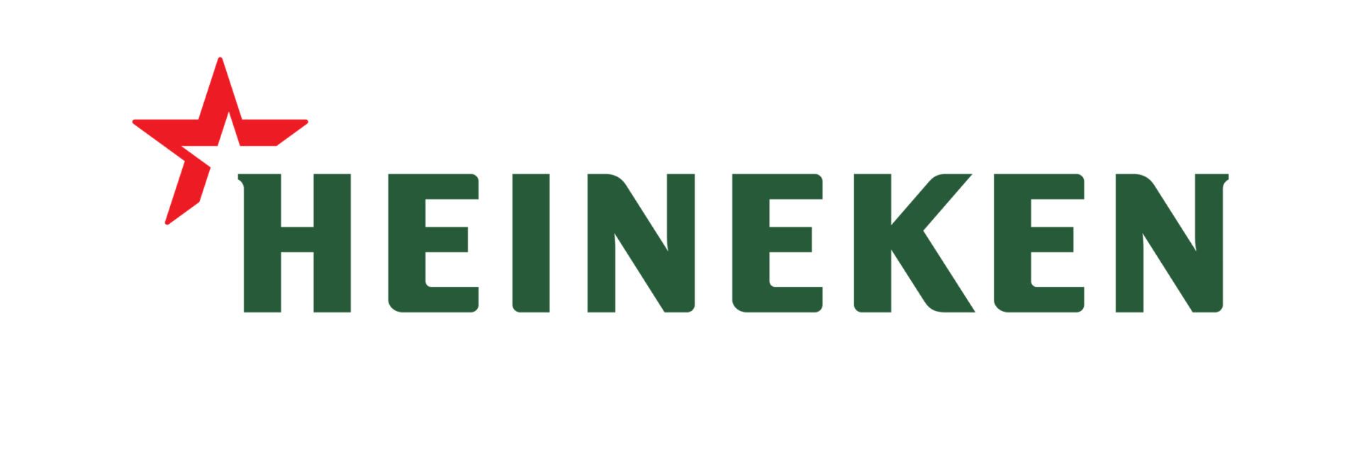 Logo met het woord "Heineken" in groene hoofdletters met een rode ster boven de "e", waardoor het opvallende kleurgebruik perfect tot zijn recht komt.